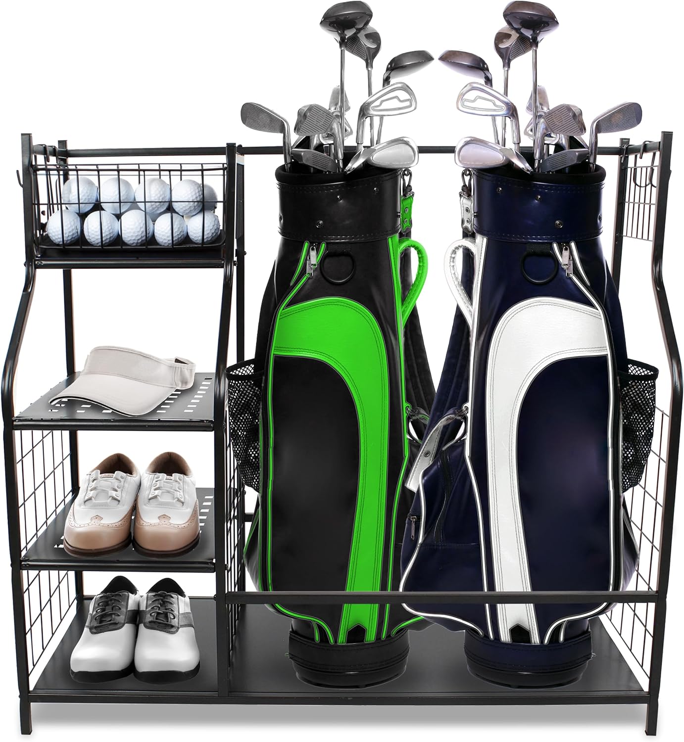 Golf Bag Stand - 37.6in Double Golf Bag Storage Rack for Garage with Golf Accessories Organizer Shelves