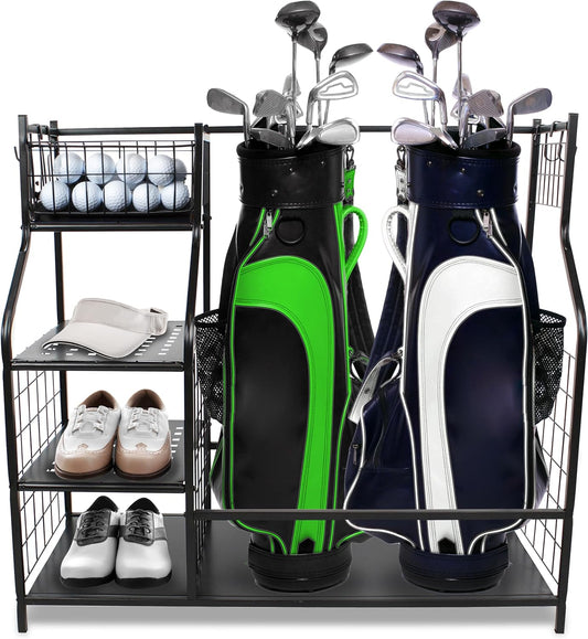 Golf Bag Stand - 37.6in Double Golf Bag Storage Rack for Garage with Golf Accessories Organizer Shelves