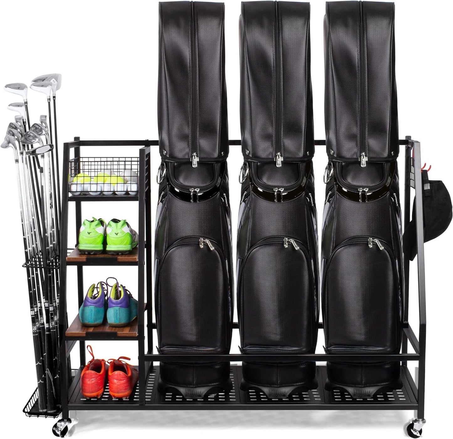Golf Bags Storage Garage Organizer, Golf Bag Rack Fits 2/3 Golf Bags and Golf Equipment Accessories, Golf Club Storage Stand with Wooden Shelf and Lockable Wheels for Garage Indoor Basement