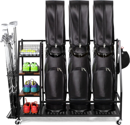 Golf Bags Storage Garage Organizer, Golf Bag Rack Fits 2/3 Golf Bags and Golf Equipment Accessories, Golf Club Storage Stand with Wooden Shelf and Lockable Wheels for Garage Indoor Basement