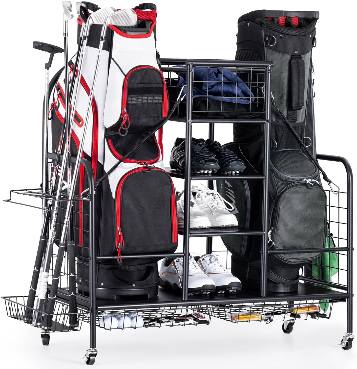 Golf Bag Organizer, Golf Organizer Stand for 2 Golf Bags, Golf Bag Storage and Stand for Golf Clubs, Balls, and Accessories, Extra Large Golf Bag Storage Rack for Garage, Club
