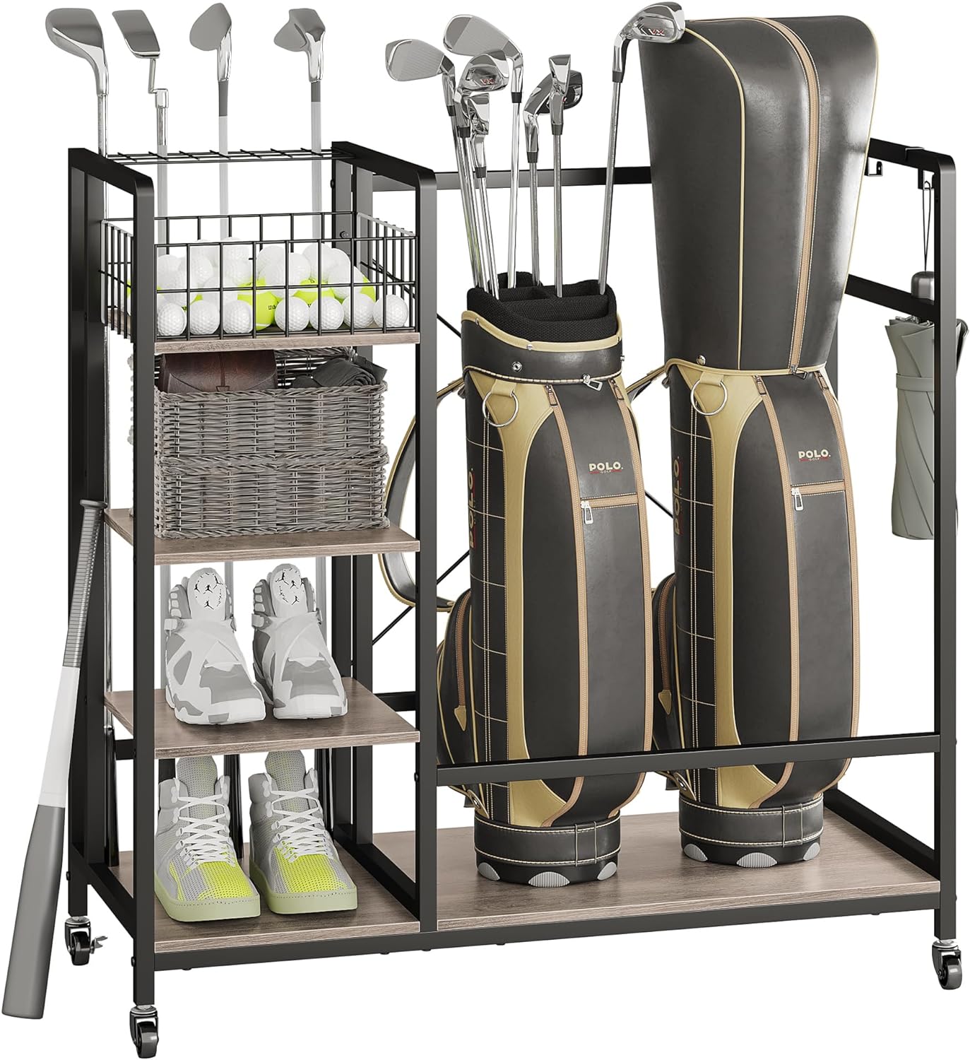 Wooden Golf Bag Organizer Garage Storage, Golf Bag Rack Fits Two Golf Bags and Golf Equipment Accessories, Golf Stand With Fixed Base and Movable Wheels for Garage, Basement and Entrance(Grey)