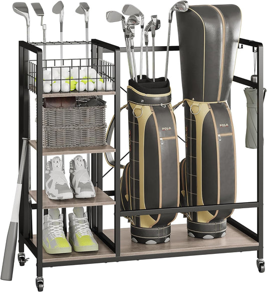 Wooden Golf Bag Organizer Garage Storage, Golf Bag Rack Fits Two Golf Bags and Golf Equipment Accessories, Golf Stand With Fixed Base and Movable Wheels for Garage, Basement and Entrance(Grey)
