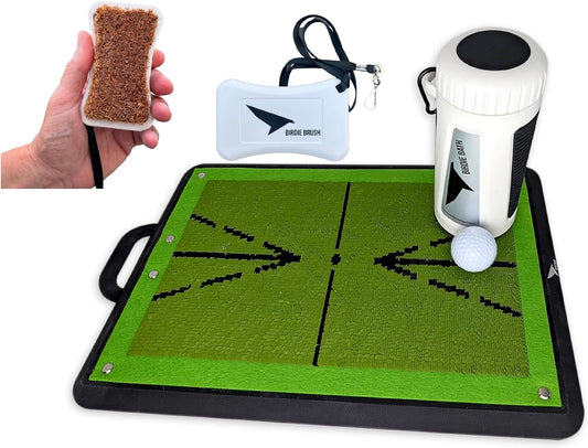 Birdie Bath 3 Piece Bundle Portable Golf Ball Cleaner, Birdie Mat Pro Premium Swing Training Mat, and Birdie Brush Retractable Golf Club Brush and Groove Cleaner