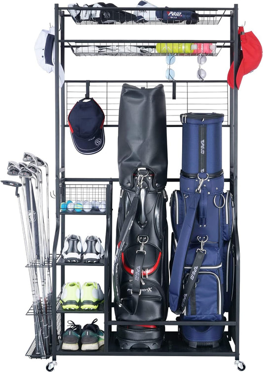 Mythinglogic Golf Bag Storage Garage Organizer,2 Golf Bags Storage Stand and Golfing Equipment Accessories Storage Rack with 4 Removable Hooks, Extra Golf Clubs Display Rack