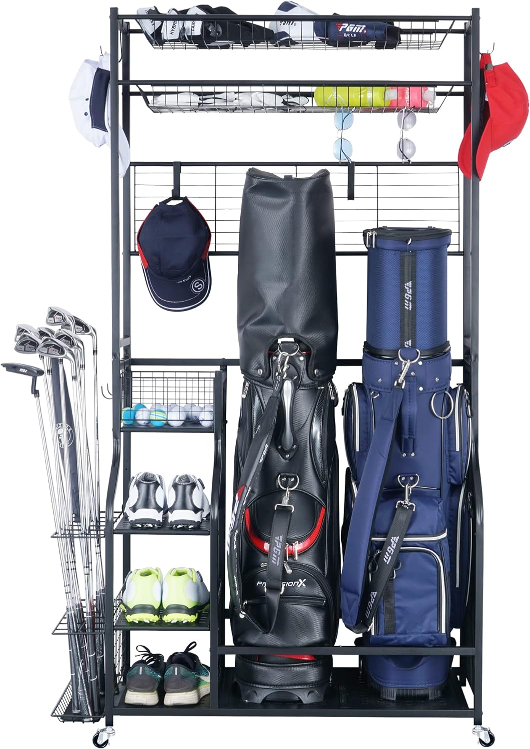 Mythinglogic Golf Bag Storage Garage Organizer,2 Golf Bags Storage Stand and Golfing Equipment Accessories Storage Rack with 4 Removable Hooks, Extra Golf Clubs Display Rack