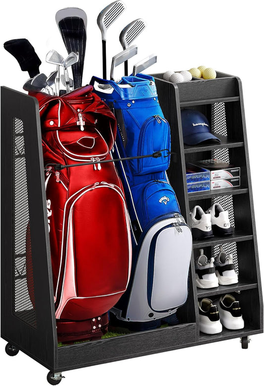 DWVO Golf Bag Organizer for Garage - Wooden Golf Bag Stand Holder with Wheels, Fit for Golf Bags, Golf Clubs, Golf Balls and Golf Equipment Accessories, Golf Organizer for Garage Club and Shed