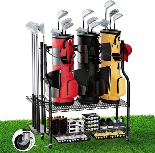 3 Golf Bag Storage Garage Organizer, Heavy Duty Golf Bag Stand Fit for 3 Golf Bags and Golf Equipment Accessories, Golf Bag Storage Rack with Wheels & Elastic Ropes for Garage, Club and Shed