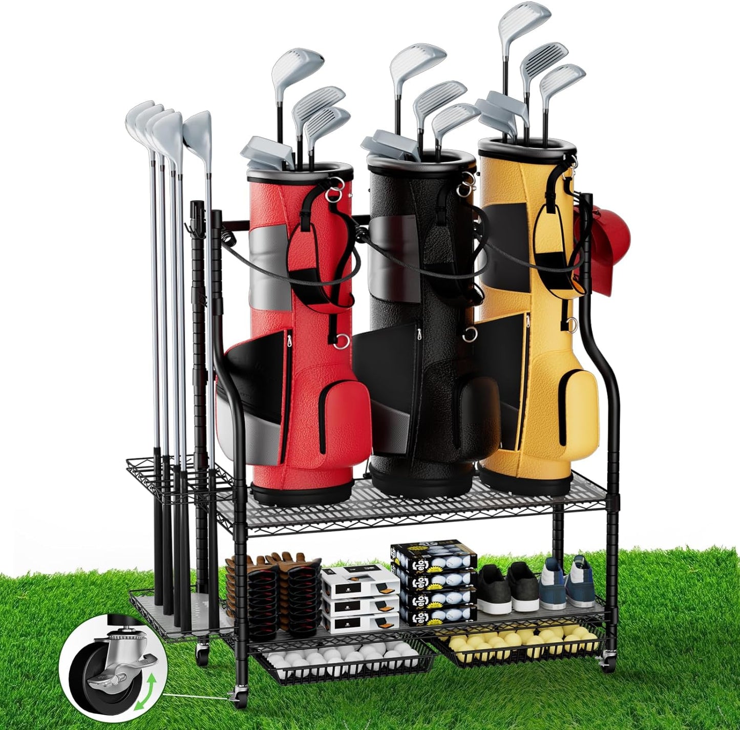 3 Golf Bag Storage Garage Organizer, Heavy Duty Golf Bag Stand Fit for 3 Golf Bags and Golf Equipment Accessories, Golf Bag Storage Rack with Wheels & Elastic Ropes for Garage, Club and Shed