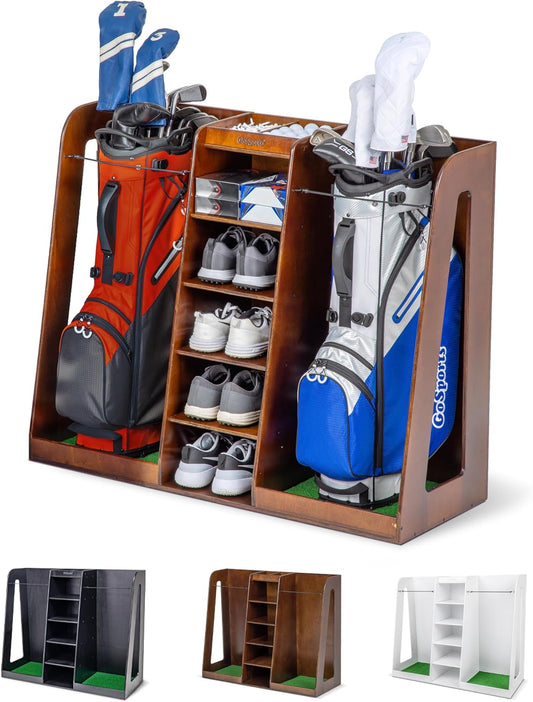 GoSports Premium Wooden Golf Bag Organizer and Storage Rack - Holds 2 Golf Bags - Black, White or Brown Finish