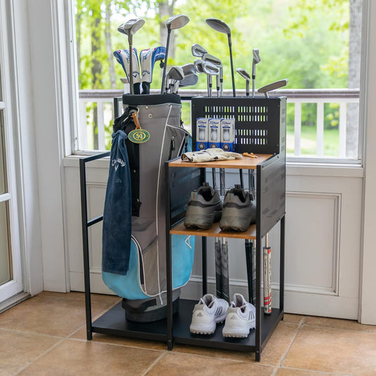 Freestanding Golf Club Organizer, Stylish Heavy Duty Garage Storage Floor Stand, Holds Golf Bags Shoes Clubs Balls and More