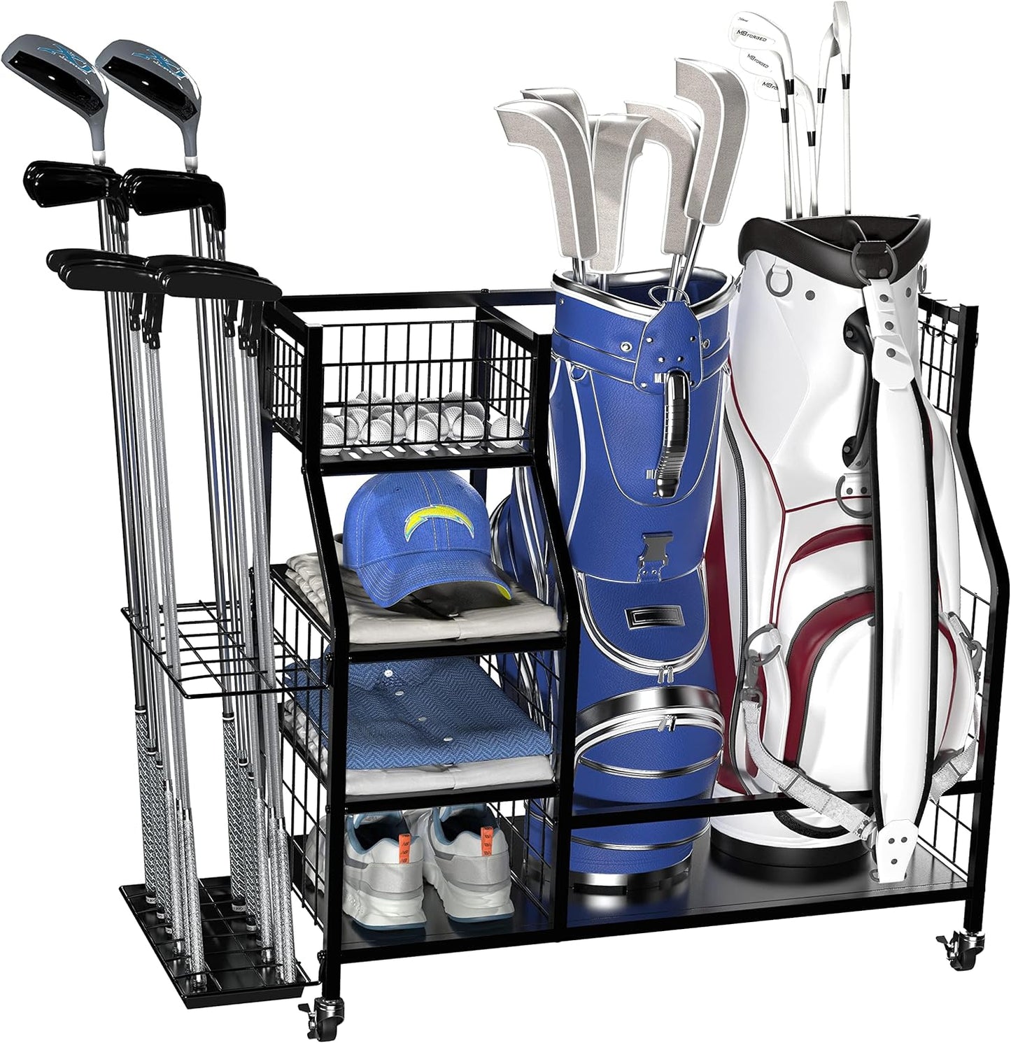 Golf Storage Organizer for Garage, Golf Bag Holder Club Organizer Rack, Fits for 2 Golf Bags and Golf Equipment
