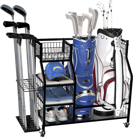 Golf Storage Organizer for Garage, Golf Bag Holder Club Organizer Rack, Fits for 2 Golf Bags and Golf Equipment