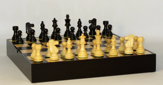 Chess Set - Black French Chessmen on Black/Maple Chest