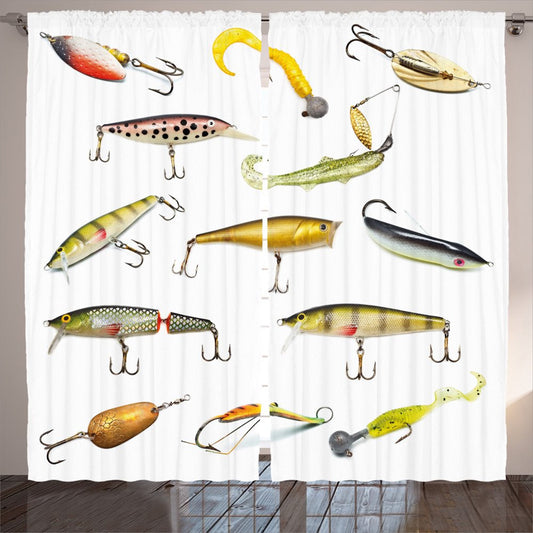 Fishing Decor Curtains 2 Panels Set, Fishing Tackle Bait for Spearing Trapping Catching Aquatic Animals Molluscs Design, Window Drapes for Living Room Bedroom, 108W X 90L Inches, Multi, by Ambesonne