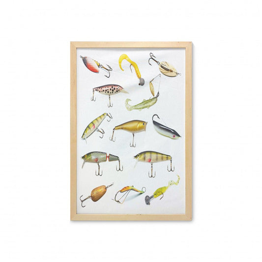 Fishing Wall Art with Frame, Fishing Tackle Bait for Spearing Trapping Catching Aquatic Animals Molluscs Design, Printed Fabric Poster for Bathroom Living Room, 23" X 35", Multicolor, by Ambesonne