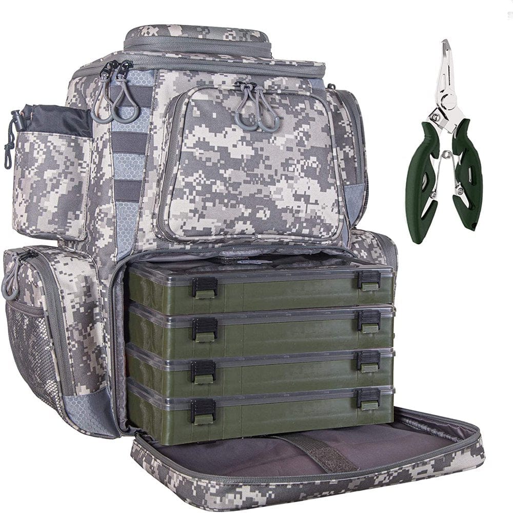 Etacklepro Fishing Backpack Waterproof Tackle Bag with Protective Rain Cover Includes 4 Tackle Boxes Stainless Steel Fishing Pliers and Lanyard - Digital Camo