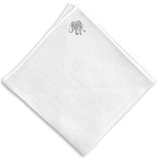 Lucky Elephant Pocket Square in White Linen by Bird Dog Bay - Country Club Prep